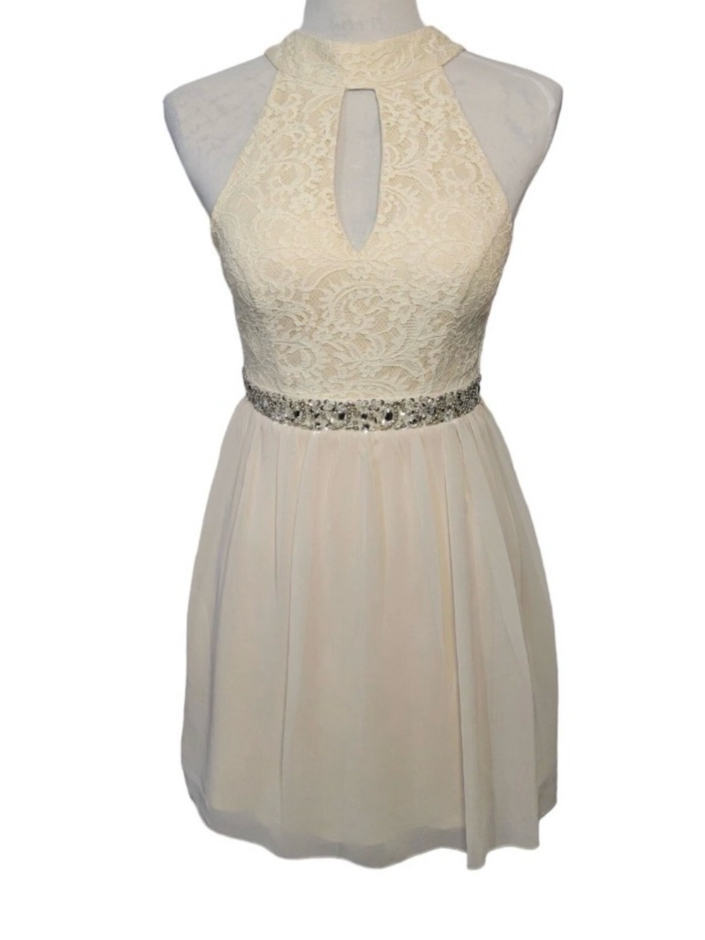 Speechless Lace Halter Mini Dress in Ivory with Jeweled Waist